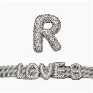 Copper Watchband Beads Pave Zirconia Letter-R Flat Hole Platinum Plated, approx 10-14mm, 2-10mm hole