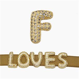 Copper Watchband Beads Pave Zirconia Letter-F Flat Hole Gold Plated, approx 10-14mm, 2-10mm hole