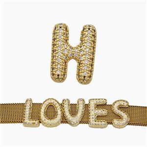 Copper Watchband Beads Pave Zirconia Letter-H Flat Hole Gold Plated, approx 10-14mm, 2-10mm hole