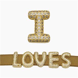 Copper Watchband Beads Pave Zirconia Letter-I Flat Hole Gold Plated, approx 10-14mm, 2-10mm hole