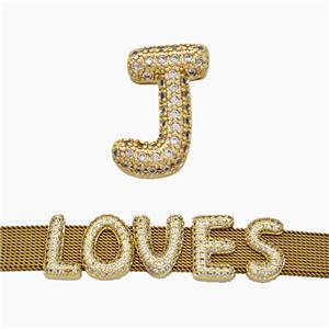 Copper Watchband Beads Pave Zirconia Letter-J Flat Hole Gold Plated, approx 10-14mm, 2-10mm hole