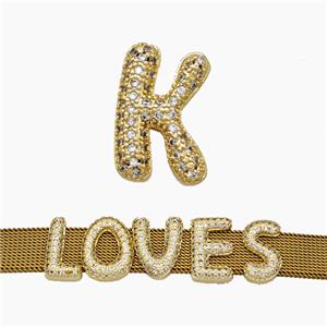 Copper Watchband Beads Pave Zirconia Letter-K Flat Hole Gold Plated, approx 10-14mm, 2-10mm hole