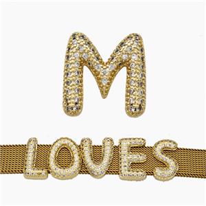 Copper Watchband Beads Pave Zirconia Letter-M Flat Hole Gold Plated, approx 10-14mm, 2-10mm hole