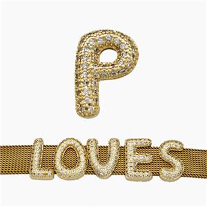 Copper Watchband Beads Pave Zirconia Letter-P Flat Hole Gold Plated, approx 10-14mm, 2-10mm hole