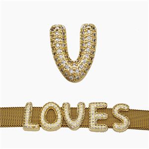 Copper Watchband Beads Pave Zirconia Letter-V Flat Hole Gold Plated, approx 10-14mm, 2-10mm hole