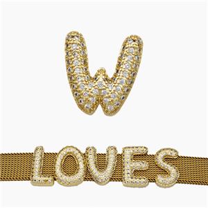 Copper Watchband Beads Pave Zirconia Letter-W Flat Hole Gold Plated, approx 10-14mm, 2-10mm hole