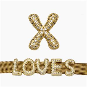 Copper Watchband Beads Pave Zirconia Letter-X Flat Hole Gold Plated, approx 10-14mm, 2-10mm hole