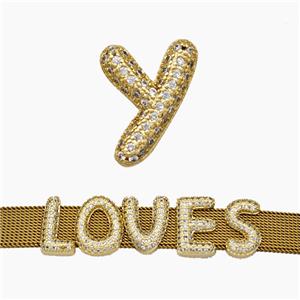 Copper Watchband Beads Pave Zirconia Letter-Y Flat Hole Gold Plated, approx 10-14mm, 2-10mm hole