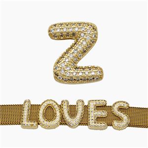 Copper Watchband Beads Pave Zirconia Letter-Z Flat Hole Gold Plated, approx 10-14mm, 2-10mm hole