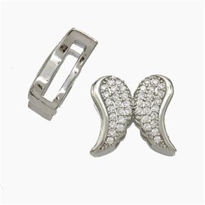 Copper Watchband Beads Pave Zirconia Angel Wings Flat Hole Platinum Plated, approx 13-14mm, 2-10mm hole