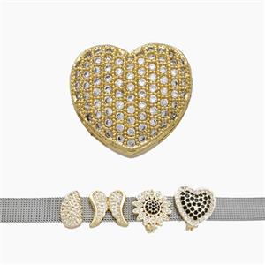 Copper Watchband Beads Pave Zirconia Heart Flat Hole Gold Plated, approx 16mm, 2-10mm hole