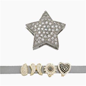 Copper Watchband Beads Pave Zirconia Star Flat Hole Platinum Plated, approx 16mm, 2-10mm hole