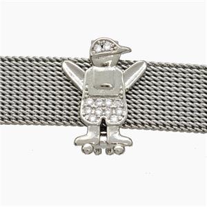 Copper Watchband Beads Pave Zirconia Kids Boy Flat Hole Platinum Plated, approx 12-16mm, 2-10mm hole