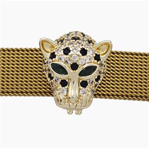 Copper Watchband Beads Pave Zirconia Panther-Head Flat Hole Gold Plated, approx 13-16mm, 2-10mm hole