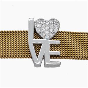 Copper Watchband Beads Pave Zirconia LOVE Heart Flat Hole Platinum Plated, approx 11-16mm, 2-10mm hole