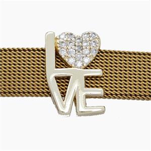 Copper Watchband Beads Pave Zirconia LOVE Heart Flat Hole Gold Plated, approx 11-16mm, 2-10mm hole