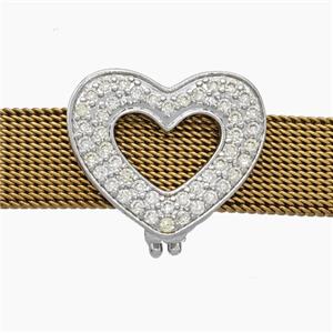 Copper Watchband Beads Pave Zirconia Heart Flat Hole Platinum Plated, approx 16-19mm, 2-10mm hole