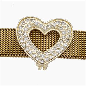 Copper Watchband Beads Pave Zirconia Heart Flat Hole Gold Plated, approx 16-19mm, 2-10mm hole