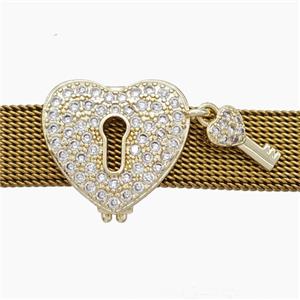 Copper Watchband Beads Pave Zirconia Key-Lock Flat Hole Gold Plated, approx 16-18mm, 5-10mm, 2-10mm hole