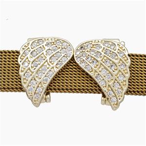 Copper Watchband Beads Pave Zirconia Angel Wings Flat Hole Gold Plated, approx 13-15mm, 2-10mm hole