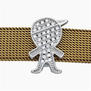 Copper Watchband Beads Pave Zirconia Kids Boy Flat Hole Platinum Plated, approx 12-16mm, 2-10mm hole