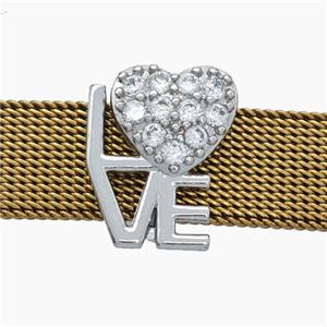 Copper Watchband Beads Pave Zirconia Heart LOVE Flat Hole Platinum Plated, approx 12-15mm, 2-10mm hole