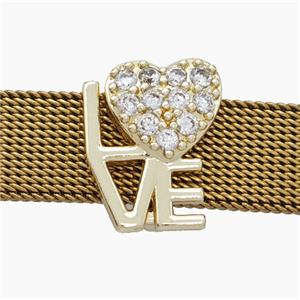 Copper Watchband Beads Pave Zirconia Heart LOVE Flat Hole Gold Plated, approx 12-15mm, 2-10mm hole