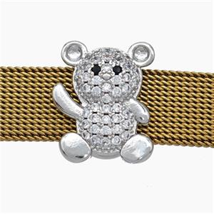 Copper Watchband Beads Pave Zirconia Bear Flat Hole Platinum Plated, approx 14-16mm, 2-10mm hole