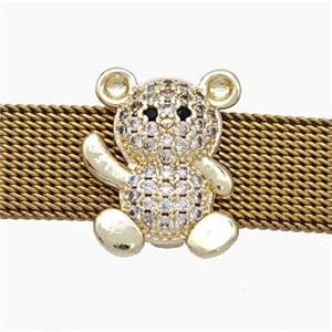 Copper Watchband Beads Pave Zirconia Bear Flat Hole Gold Plated, approx 14-16mm, 2-10mm hole