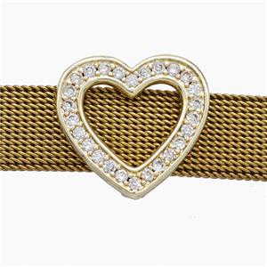 Copper Watchband Beads Pave Zirconia Heart Flat Hole Gold Plated, approx 16-18mm, 2-10mm hole