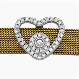 Copper Watchband Beads Pave Zirconia Heart Flat Hole Platinum Plated, approx 16-19mm, 2-10mm hole