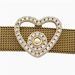 Copper Watchband Beads Pave Zirconia Heart Flat Hole Gold Plated, approx 16-19mm, 2-10mm hole