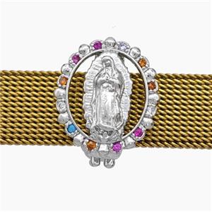 Copper Watchband Beads Pave Zirconia Virgin Mary Flat Hole Platinum Plated, approx 14-16mm, 2-10mm hole