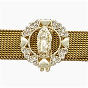 Copper Watchband Beads Pave Zirconia Virgin Mary Flat Hole Gold Plated, approx 16mm, 2-10mm hole