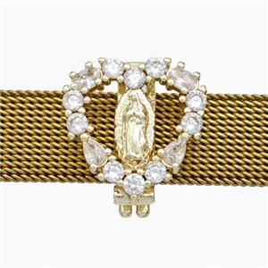 Copper Watchband Beads Pave Zirconia Virgin Mary Flat Hole Gold Plated, approx 16mm, 2-10mm hole