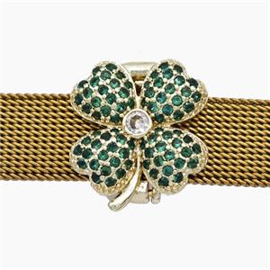 Copper Watchband Beads Pave Zirconia Clover Flat Hole Gold Plated, approx 16-17mm, 2-10mm hole