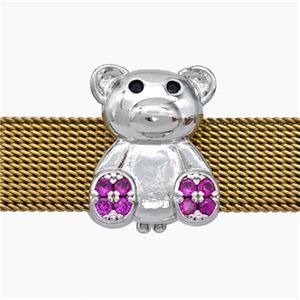 Copper Watchband Beads Pave Zirconia Bear Flat Hole Platinum Plated, approx 13-16mm, 2-10mm hole