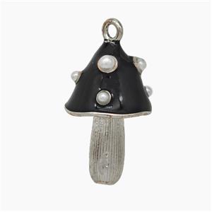 Copper Mushroom Pendant Pave Pearlize Resin Black Enamel Platinum Plated, approx 12-20mm