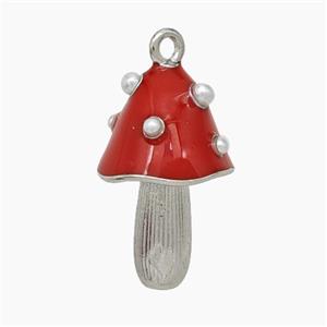 Copper Mushroom Pendant Pave Pearlize Resin Red Enamel Platinum Plated, approx 12-20mm