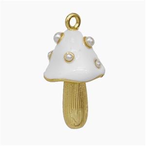 Copper Mushroom Pendant Pave Pearlize Resin White Enamel Gold Plated, approx 12-20mm