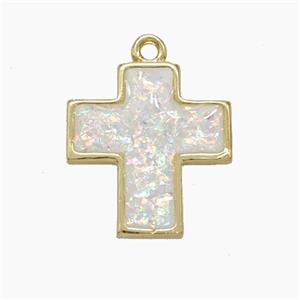 Copper Cross Pendant Pave White FireOpal Gold Plated, approx 16-17mm