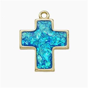 Copper Cross Pendant Pave Blue FireOpal Gold Plated, approx 16-17mm