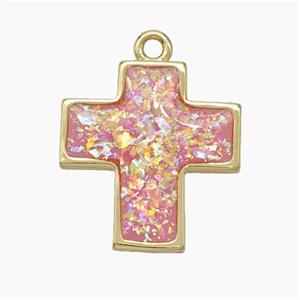 Copper Cross Pendant Pave Pink FireOpal Gold Plated, approx 16-17mm