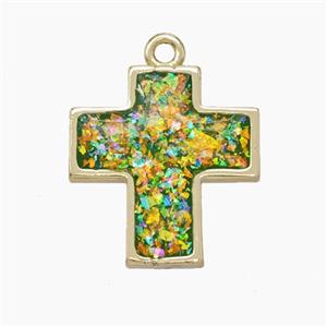 Copper Cross Pendant Pave Green FireOpal Gold Plated, approx 16-17mm