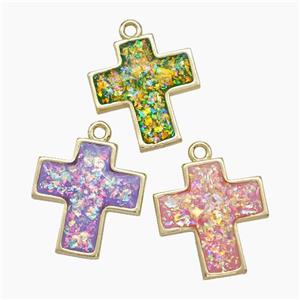 Copper Cross Pendant Pave FireOpal Gold Plated Mixed, approx 16-17mm