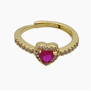 Copper Heart Rings Pave Zirconia Fuchsia Adjustable Gold Plated, approx 8mm, 18mm dia