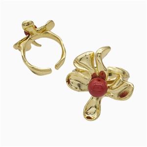 Copper Flower Rings Pave Pearlized Resin Red Gold Plated, approx 22-25mm, 18mm dia