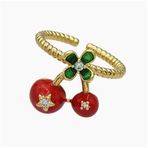 Copper Cherry Rings Pave Zirconia Red Enamel Gold Plated, approx 14mm, 18mm dia