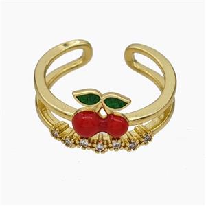 Copper Cherry Rings Pave Zirconia Red Enamel Gold Plated, approx 8-10mm, 18mm dia