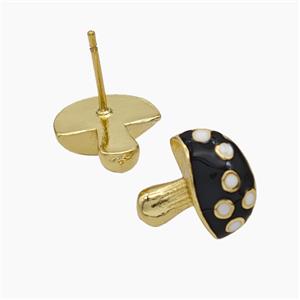 Copper Mushroom Stud Earrings Black Enamel Gold Plated, approx 12-13mm